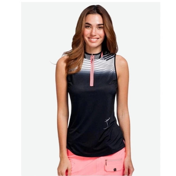 jamie sadock Tops - Jamie Sadock Sleeveless Zip Golf Top Pink Black Print Stretch Performance L